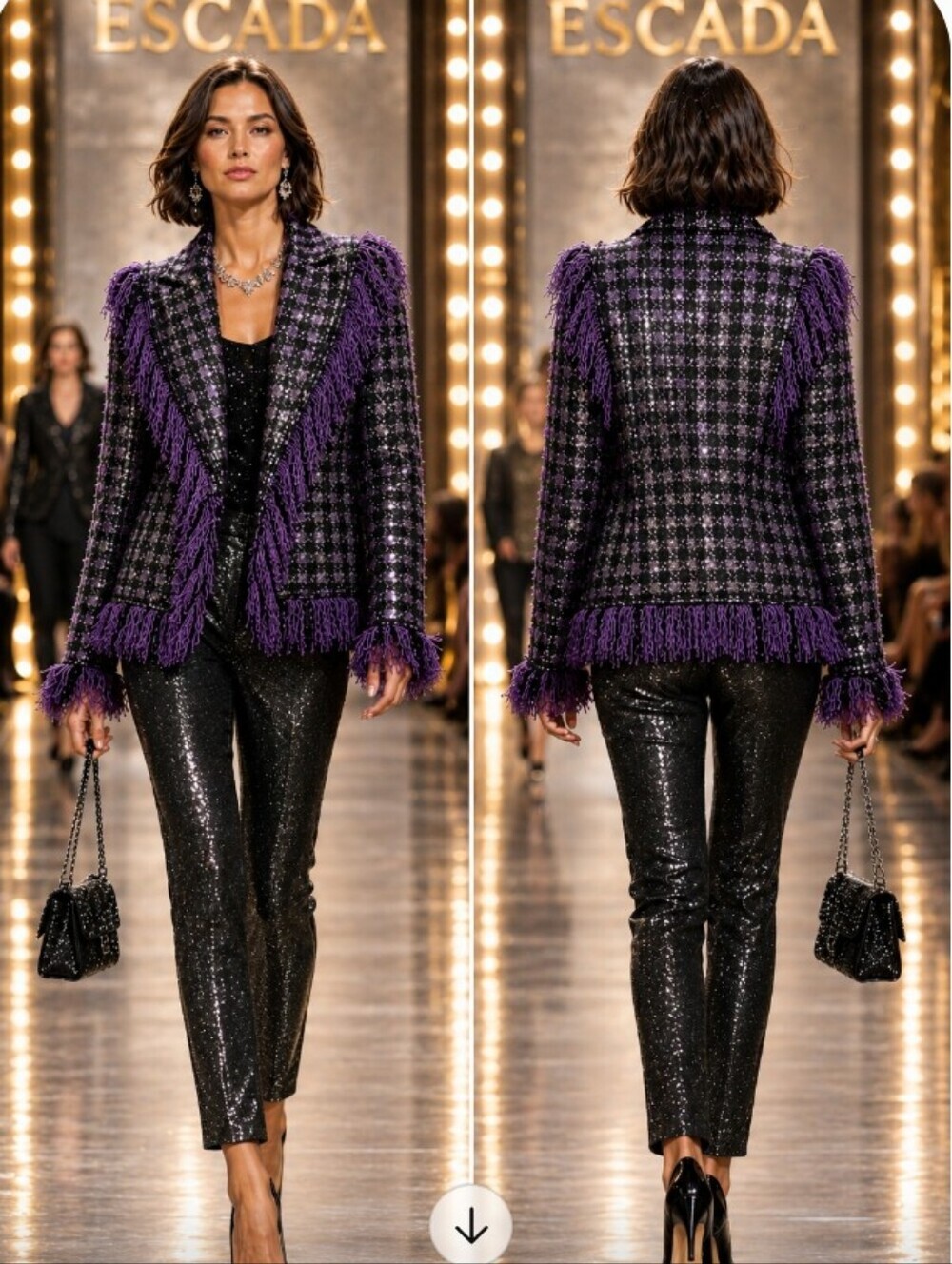 WOW! EXQUISITE ESCADA 40/10 KNIT WOOL TWEED BOUCLE PURPLE METALLIC FRINGE JACKET